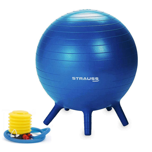 STRAUSS 55cm Anti-Burst Rubber Gym Ball with Stability Legs & Free Foot Pump for Exercise, Yoga, Pregnancy, Balance - Blue