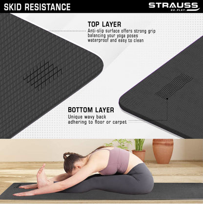 Strauss Anti Skid EVA Yoga Mat with Carry Strap 4mm Black