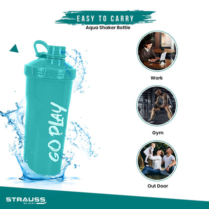 STRAUSS Aqua Shaker Bottle, 700ml, BPA-Free, Leakproof, Ideal for Protein Shakes, Smoothies, Pre/Post Workout, Men & Women, Aqua Green