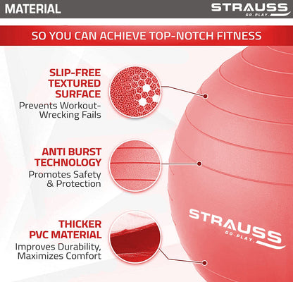 STRAUSS 85cm Anti-Burst Gym Ball with Free Foot Pump for Exercise, Yoga, Pregnancy, Balance, Stability - Red