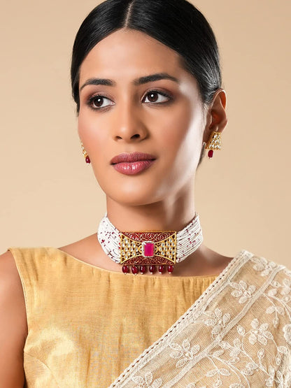 Yellow Chimes Gold Toned Kundan Crystal Pearl Drop Choker Necklace Set with Earrings for Women and Girls