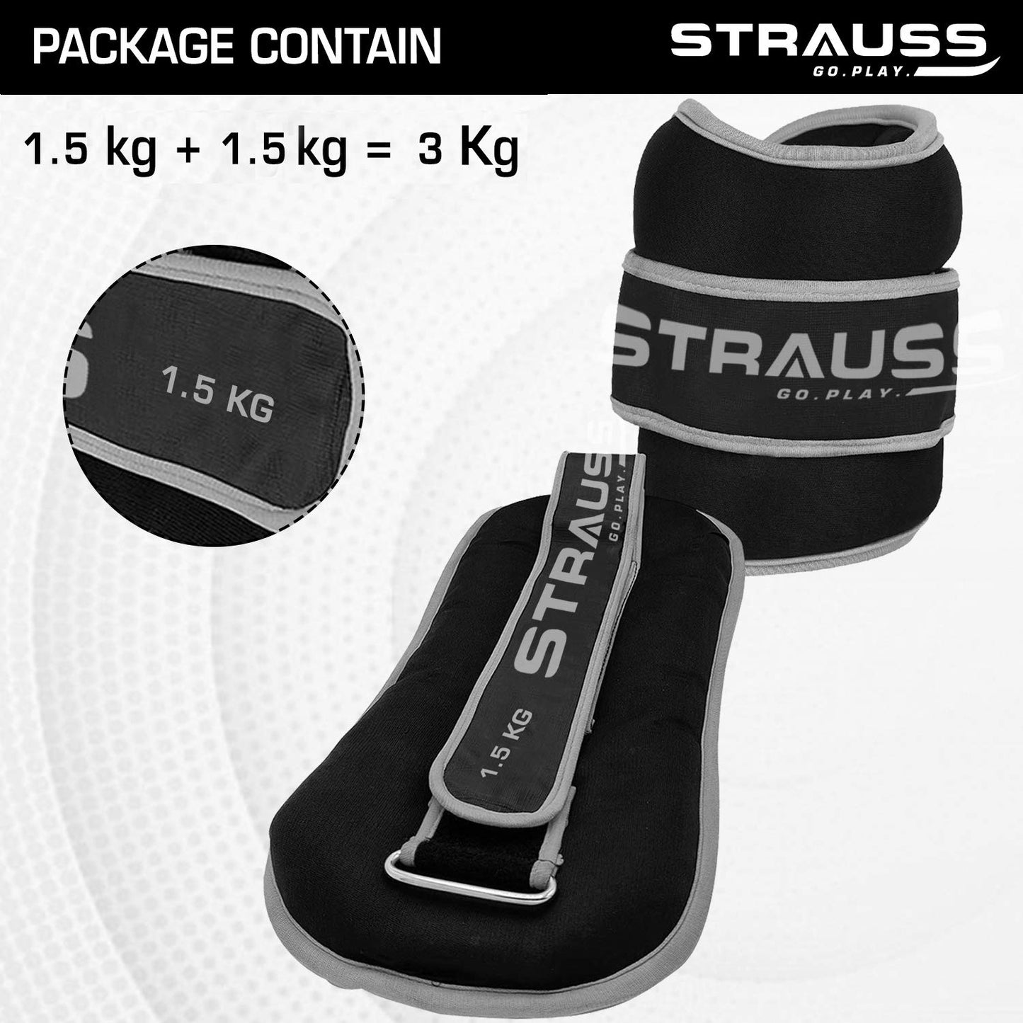 Strauss Adjustable Ankle/Wrist Weights 1.5 KG x 2 for Walking, Running, Jogging, Cycling, Gym, Strength Training. Easy to Use. Grey.