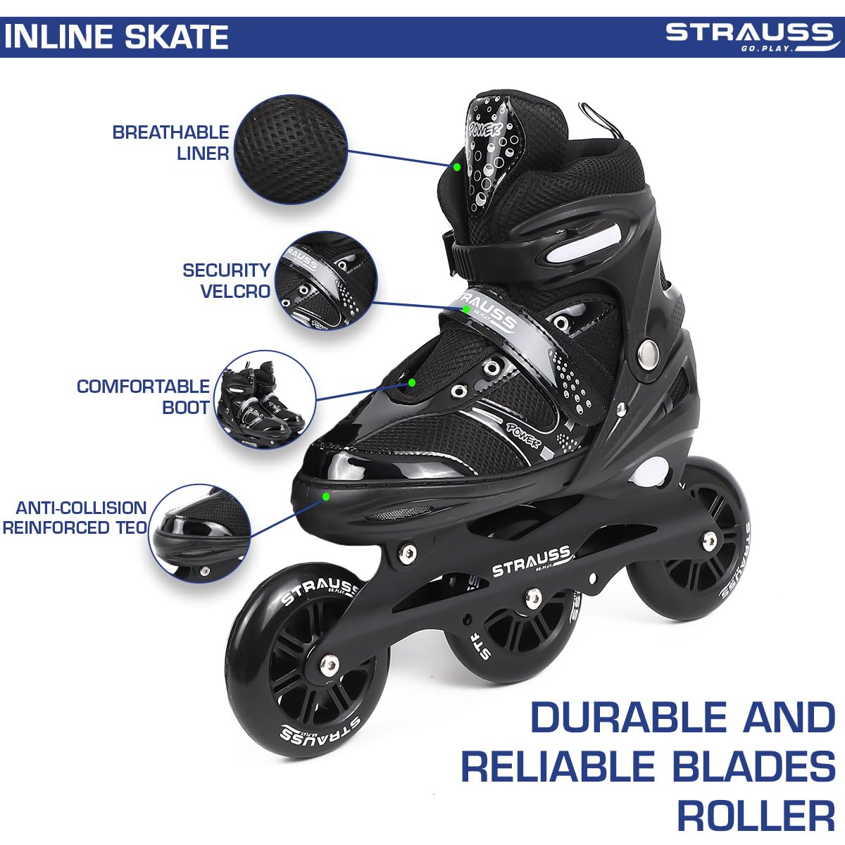 STRAUSS Trinity Adjustable Inline Skates for Boys & Girls, Beginner-Friendly, 3 Wheels, Enhanced Stability, Size M, Black