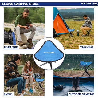 STRAUSS Folding Camping Chair: Portable, Foldable 3-Leg Stool for Camping, Fishing, Gardening, Beach. Compact Outdoor Seat. Blue, 32x32x42 cm.