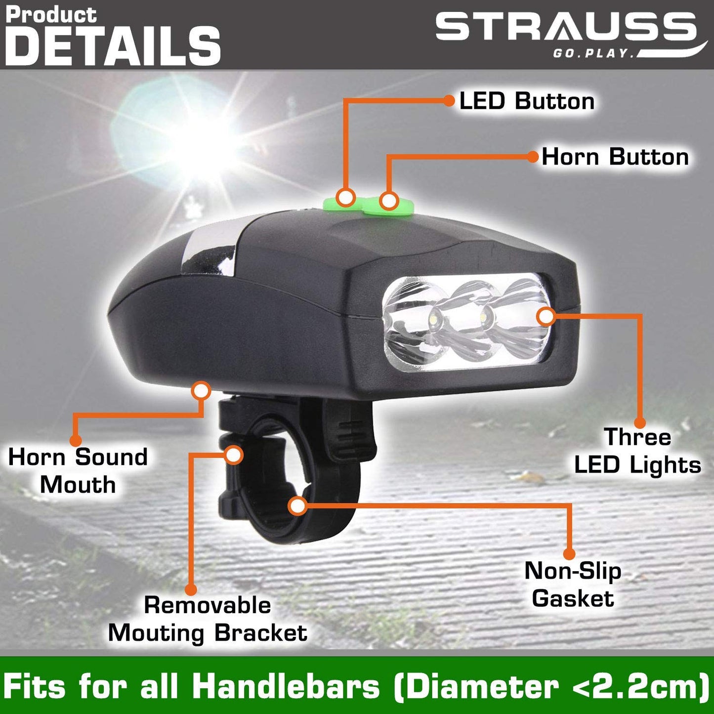 Strauss Bicycle Headlight  Taillight Multicolor Headlight BlackGreen