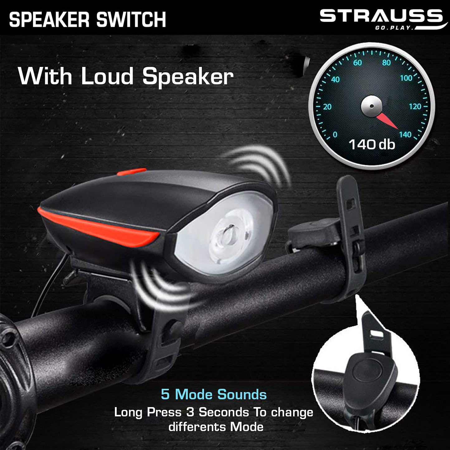 Strauss Bicycle LED Headlight with Horn  Rechargeable Front Bike Light  Horn Combo  Universal Adjustable Lamp for Cycling Safety  Horn  Headlight Functionality  2-in-1 DeviceRed