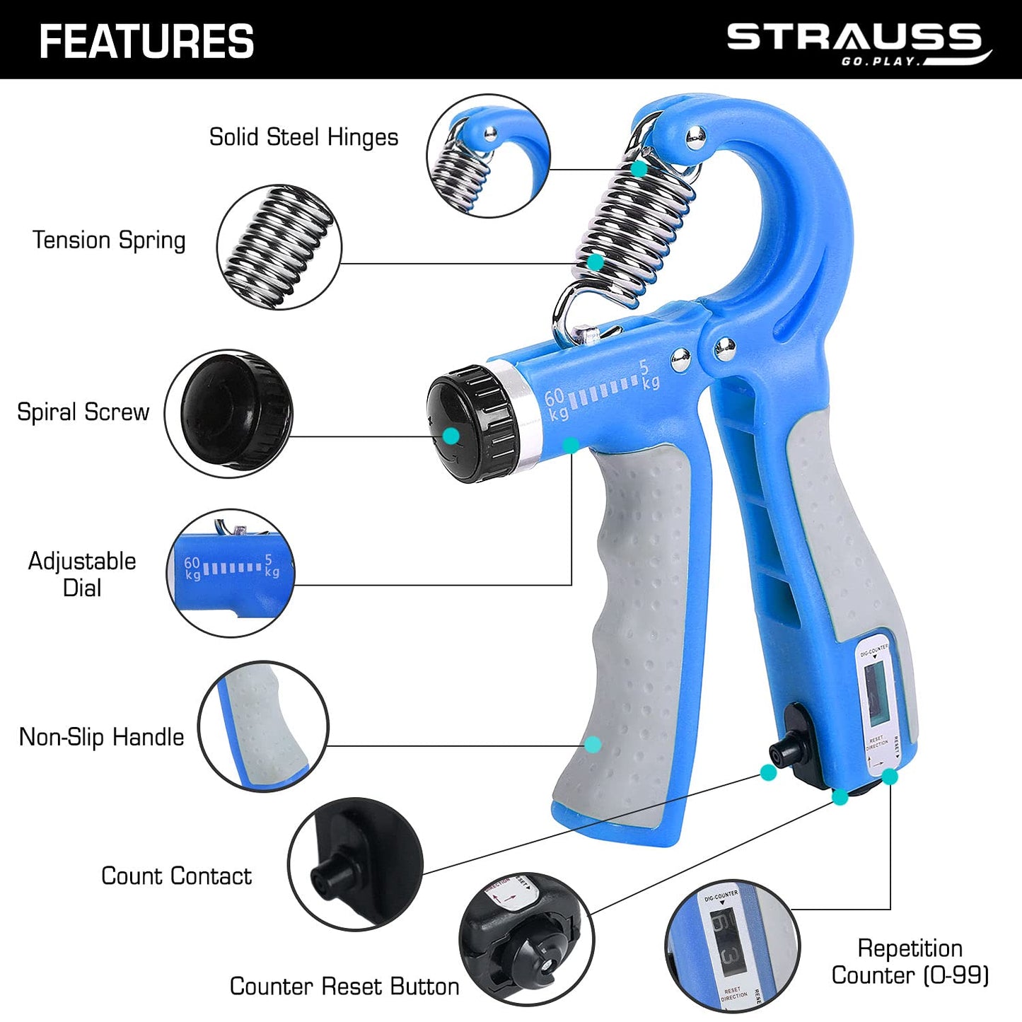 Strauss Adjustable Hand Grip with Counter, 10KG-60KG Resistance, Ideal for Forearm & Hand Exercises, Strength Building for Men & Women, Blue