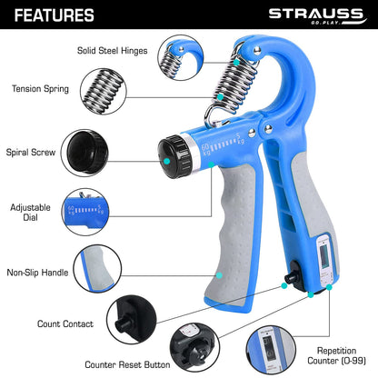 Strauss Adjustable Hand Grip with Counter, 10KG-60KG Resistance, Ideal for Forearm & Hand Exercises, Strength Building for Men & Women, Blue