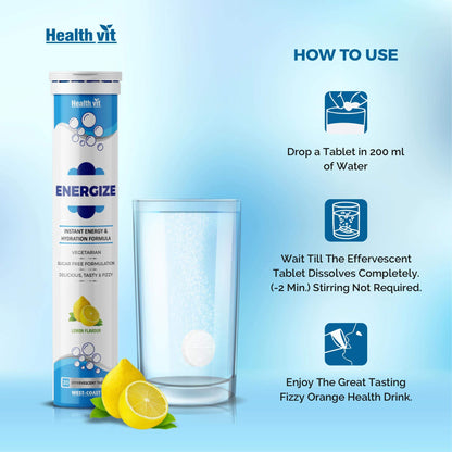 Healthvit Energize Electrolytes Energy Drink - Sugar-Free Instant Hydration Sports Drink 20 Effervescent Tablets Lemon Flavor