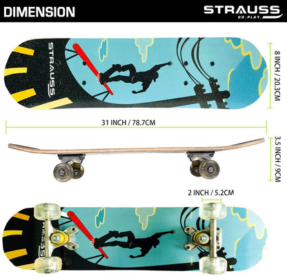 Strauss Bronx KD Lightweight Skateboard, 8 Layer Maple Deck, Non-Slip Grip Tape, PU Wheels, for Kids Age 5-9 Years