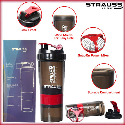 STRAUSS Spider Gym Shaker Bottle, 500ML, 2 Storage Compartments, Leakproof, BPA Free, Red