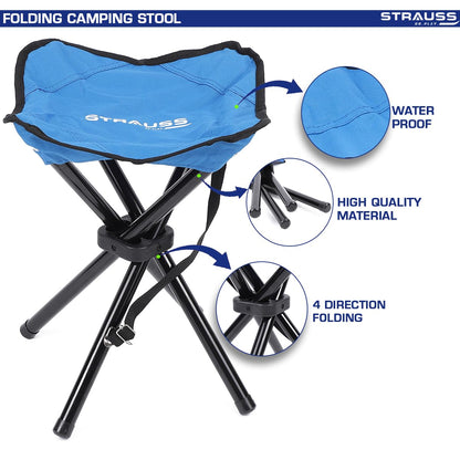 STRAUSS Folding Camping Chair  Portable  Foldable Stool  Portable Chair for Camping Fishing Hiking Gardening and Beach 4 Leg Chair Blue