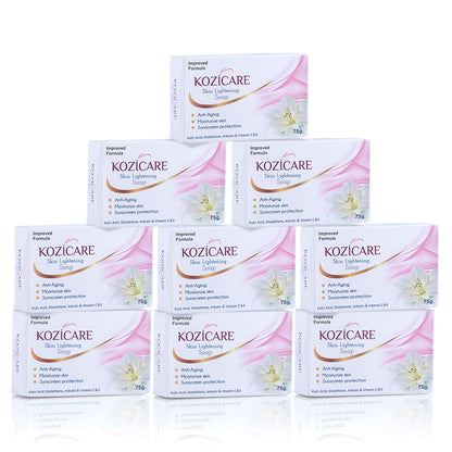 Kozicare Skin Lightening Soap: 0.50% Kojic Acid, Arbutin, Vitamin C, Vitamin E, 0.30% Glutathione, sunscreen, 75g, Pack of 9.