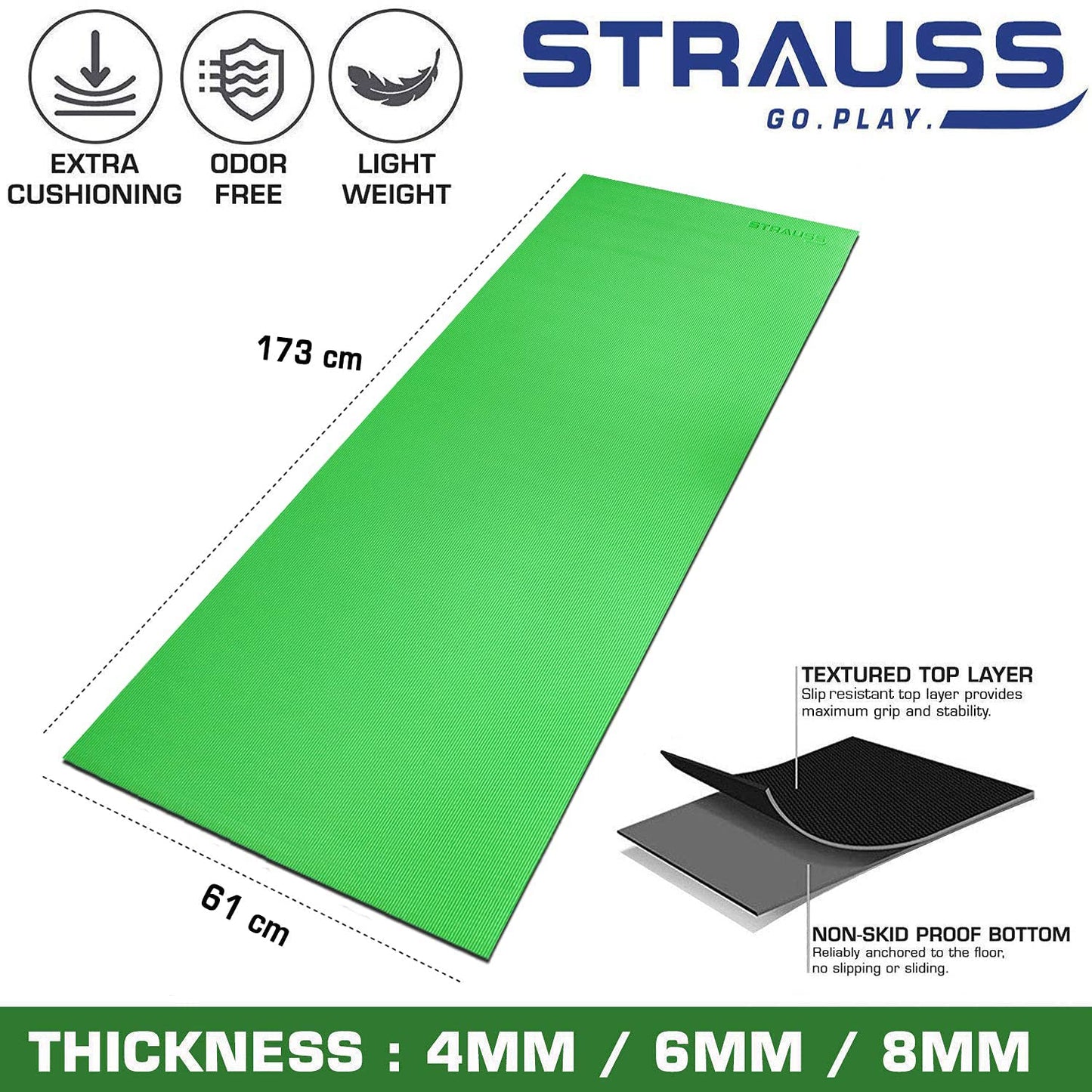 STRAUSS Yoga Mat with Carry Bag  Anti-Slip Exercise Mat for Women  Men  Home Gym Workout Yoga Pilates  Eco-friendly  Non-Slip Surface  Lightweight  Durable  6mm Green