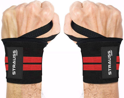 STRAUSS WL Cotton Wrist Supporter with Thumb Loop, Adjustable, Breathable, Powerful Velcro, Soft Material, Black/Red for Gym Workouts & Strength Training.