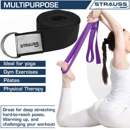 Strauss Yoga Strap: 8ft, thicker belt, adjustable metal D-ring buckle, eco-friendly. Ideal for yoga, pilates, therapy, dance, gymnastics.