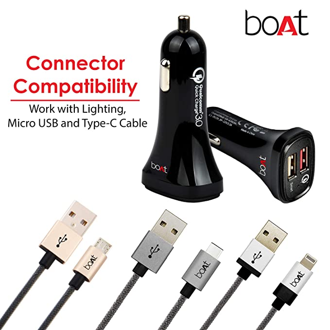 boAt Dual Port Rapid Car Charger Qualcomm Certified  Premium Car Charger with Quick Charge 3.0 Smart IC