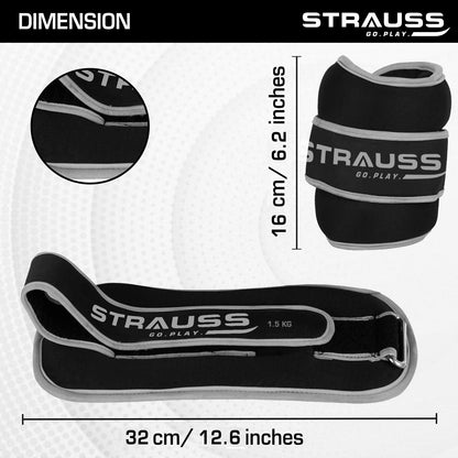 Strauss Adjustable Ankle/Wrist Weights 1.5 KG x 2 for Walking, Running, Jogging, Cycling, Gym, Strength Training. Easy to Use. Grey.