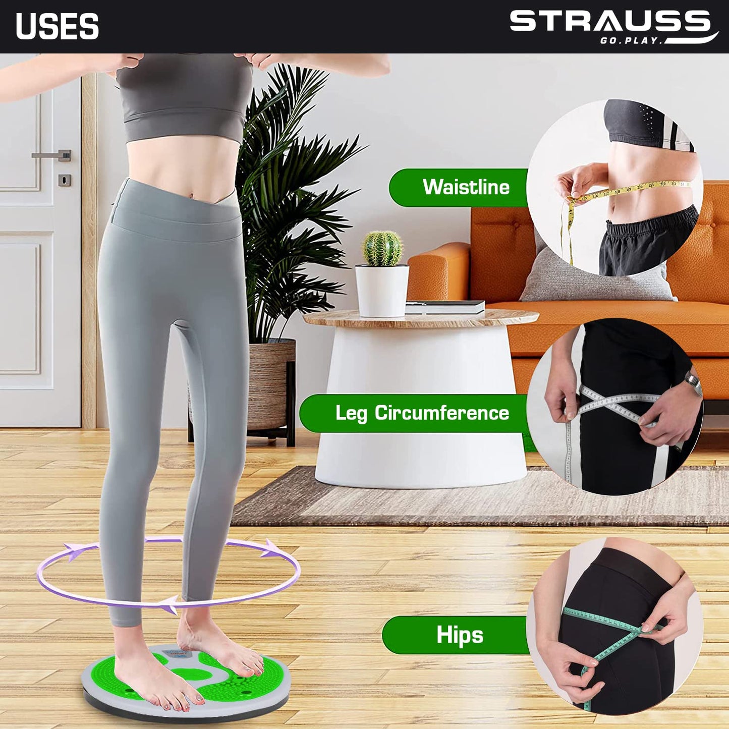 STRAUSS Tummy Twister  Tummy Trimmer Abs Roller  Shaper for Women  Men  Exercise Machine with Non-Slip Surface  Ideal Equipment for Home Workouts Green