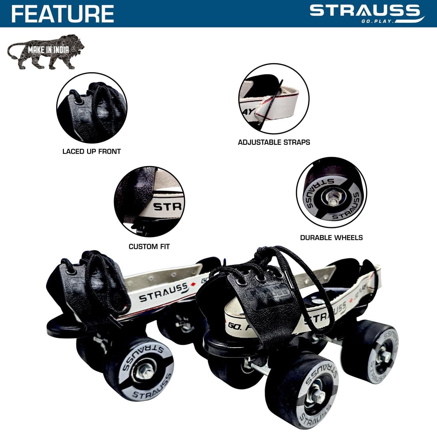 STRAUSS Unisex Senior Tenacity Roller Skates, Adjustable Size, Indoor/Outdoor, for Ages 6+, Weight Capacity 80kg, Black