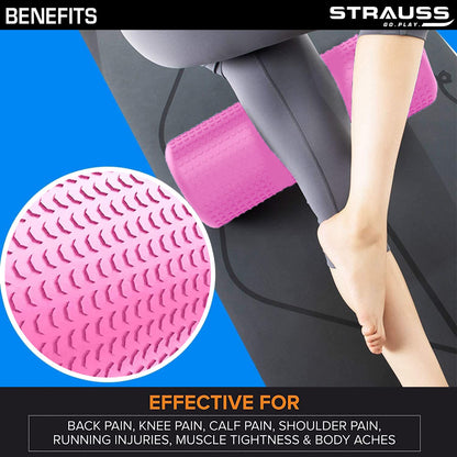 Strauss Yoga Foam Roller  Ideal For Exercise Muscle Recovery Physiotherapy Pain Relief  Myofascial  Deep Tissue Massage Roller 45 Cm Pink