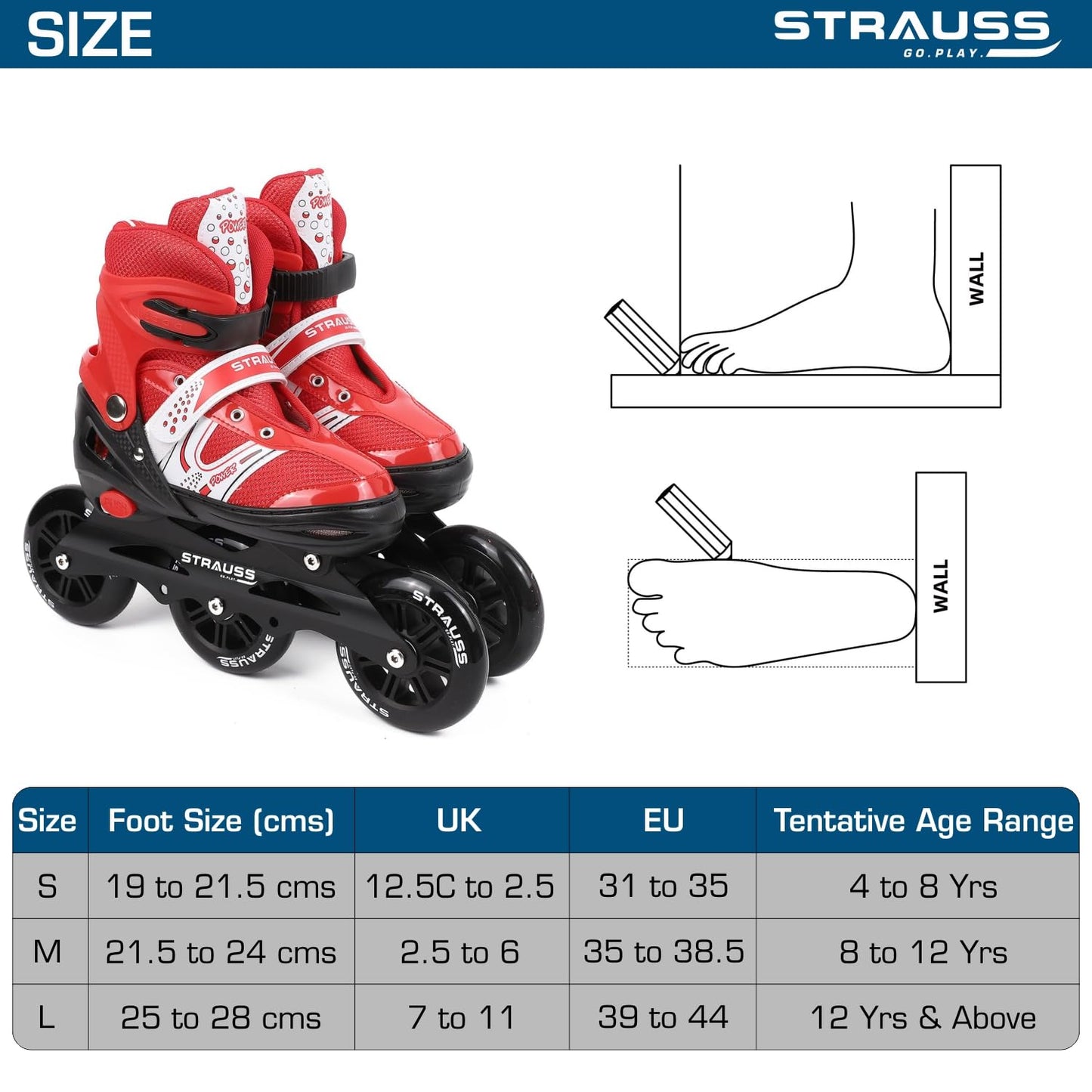 STRAUSS Blaze Adjustable Inline Skates for Boys & Girls, 3 Wheels, Beginner-Friendly, Enhanced Stability, Size M, Red