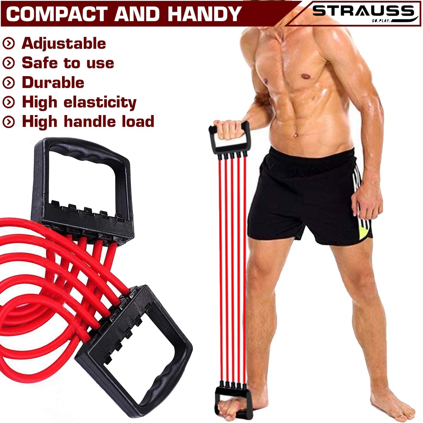 Strauss Adjustable Rubber Chest Expander for Yoga, Gym, Home Workout. 5 Latex Tubes, Adjustable Intensity, Lightweight, Durable, Non-Slip Handle.