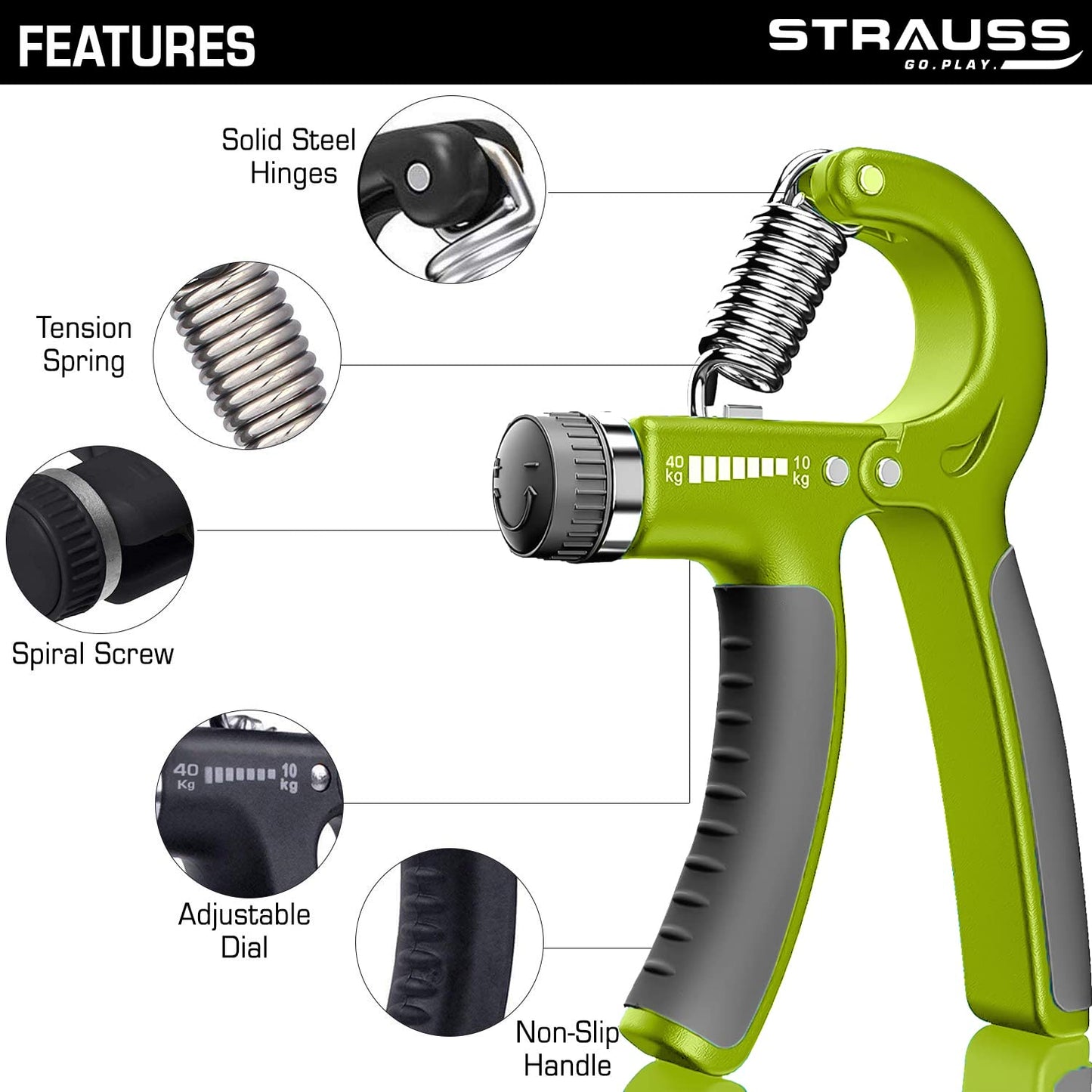 Strauss Adjustable Hand Grip 10KG-40KG for Home Gym Workouts, Perfect for Finger, Forearm, Hand Exercises, Strength Building for Men & Women.