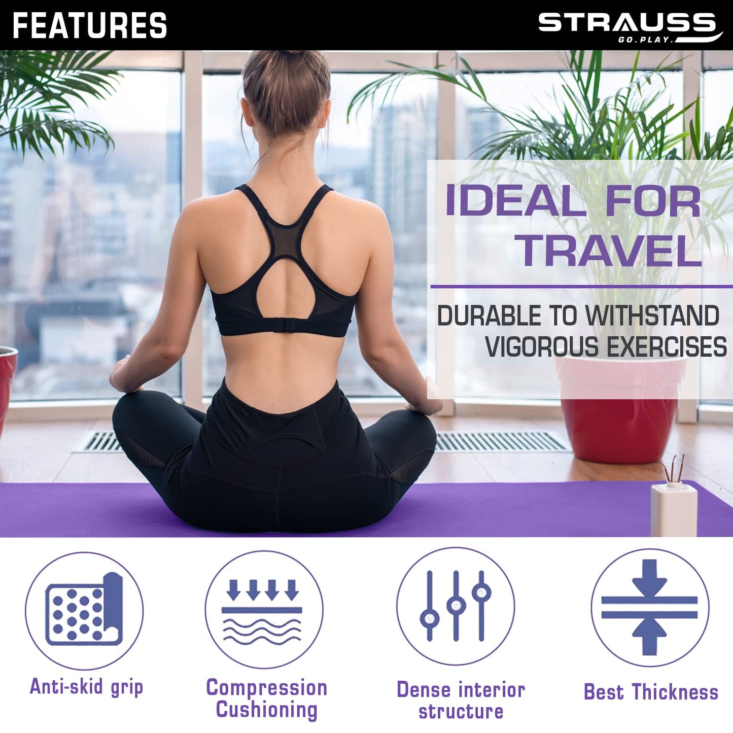 Strauss TPE Yoga Mat, 6MM, Anti-Slip, with Carry Strap. Ideal for Home Workout, Gym, Yoga. Suitable for Men, Women, Kids. Purple.