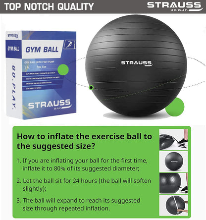 STRAUSS 75cm Anti-Burst Gym Ball with Free Foot Pump for Exercise, Yoga, Pregnancy, Balance, Stability - Black