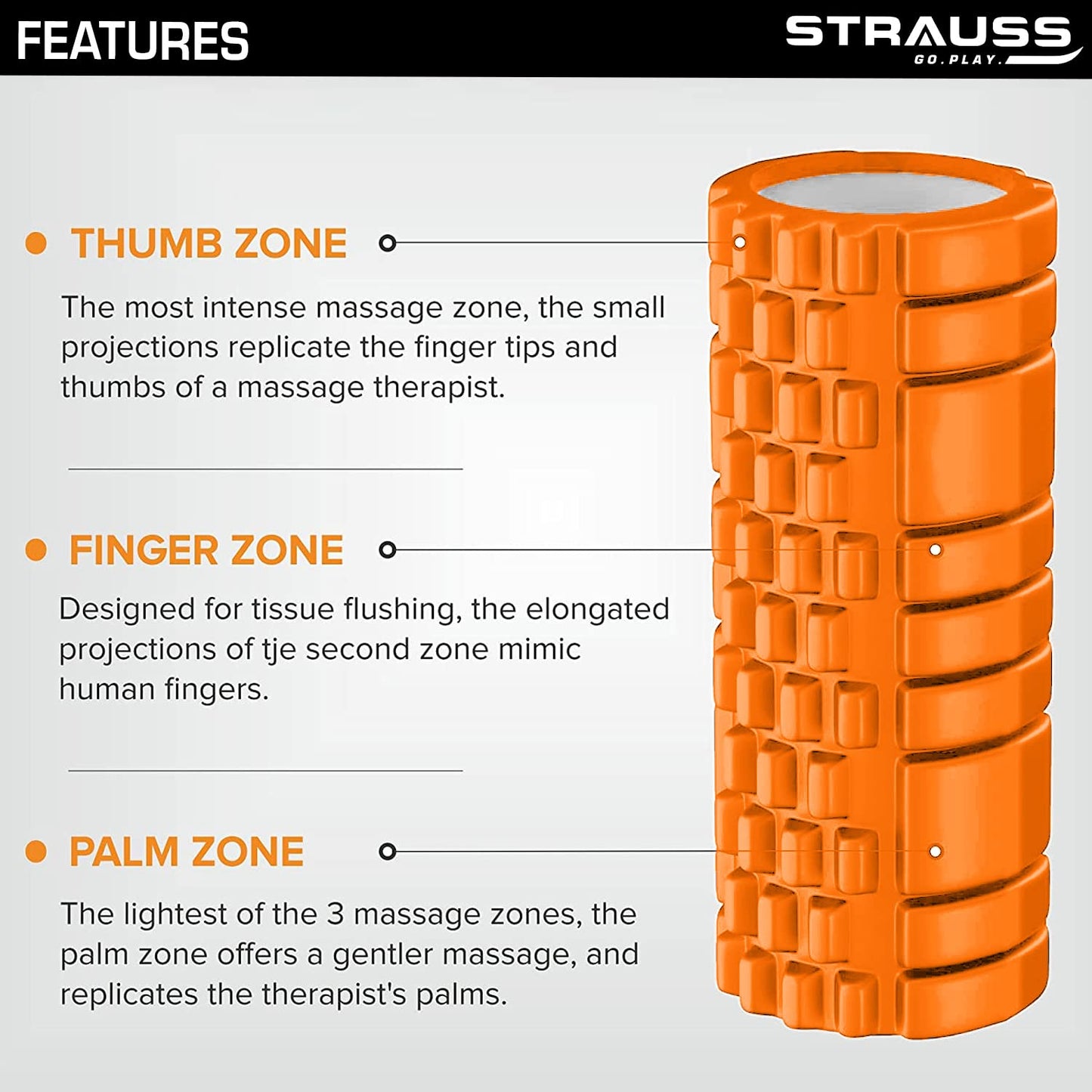 Strauss Deep Tissue Massage Foam Roller 45 cm Orange