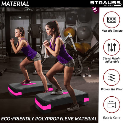 Strauss Aerobic Stepper: 4" & 6" height, slip-resistant, shock-absorbing, supports up to 200 KG, pink.