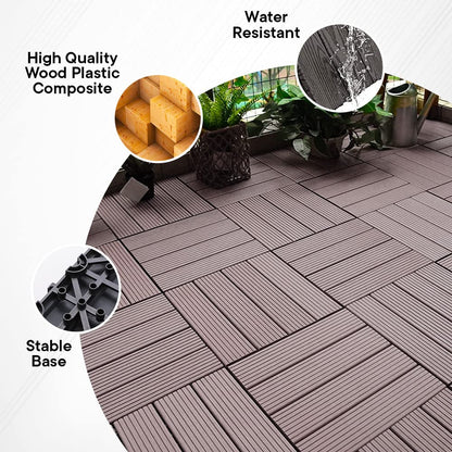 Cheston Interlocking Wood Plastic Composite Tiles for Garden, Balcony, Poolside. Weather & Water Resistant. Set of 4, Dark Brown.