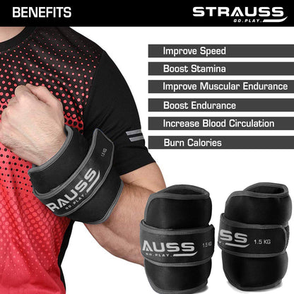 Strauss Adjustable Ankle/Wrist Weights 1.5 KG x 2 for Walking, Running, Jogging, Cycling, Gym, Strength Training. Easy to Use. Grey.