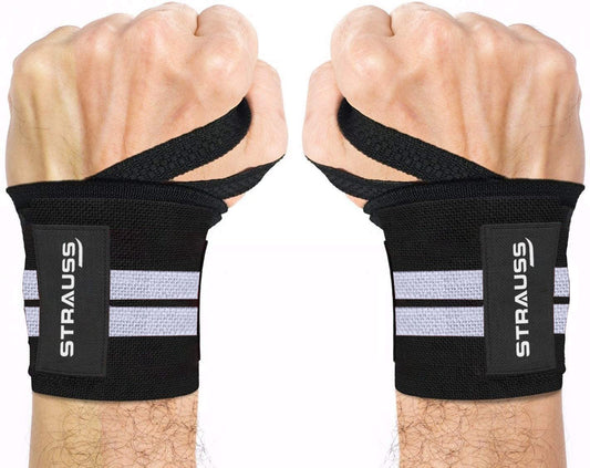 STRAUSS WL Cotton Wrist Supporter with Thumb Loop, Adjustable, Breathable, Powerful Velcro, Soft Material, Black/White