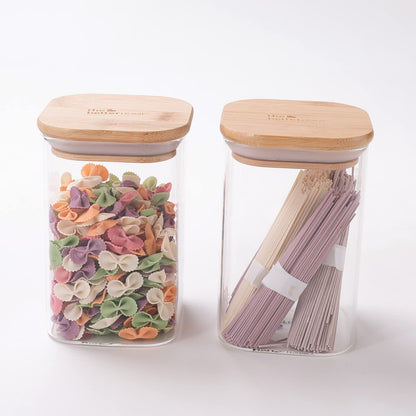 The Better Home 2 Kitchen Containers Set with Bamboo Lid, Rectangular Transparent Airtight Borosilicate Glass Jars, 600 ml Each.