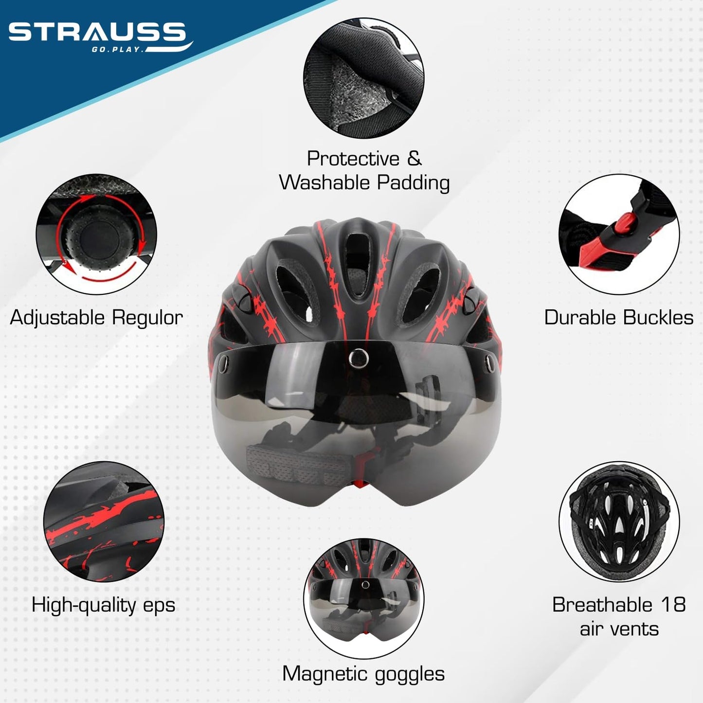 Strauss Cycling Helmet with Magnetic Goggles, Lightweight, Superior Ventilation, Adjustable Strap, Ideal for Men and Women, Red/Black.