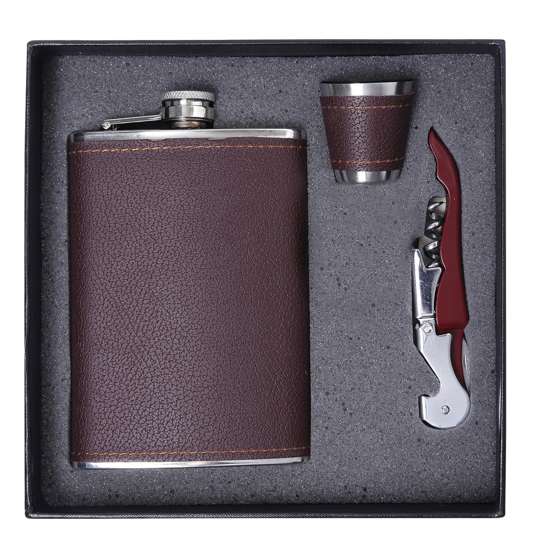 Yellow Chimes Exquisite Men Gifiting Set Hip Flask Gift Set Cork Opener with Brown Leather CoverHip Flask for Liquor for Men in a Gift Box