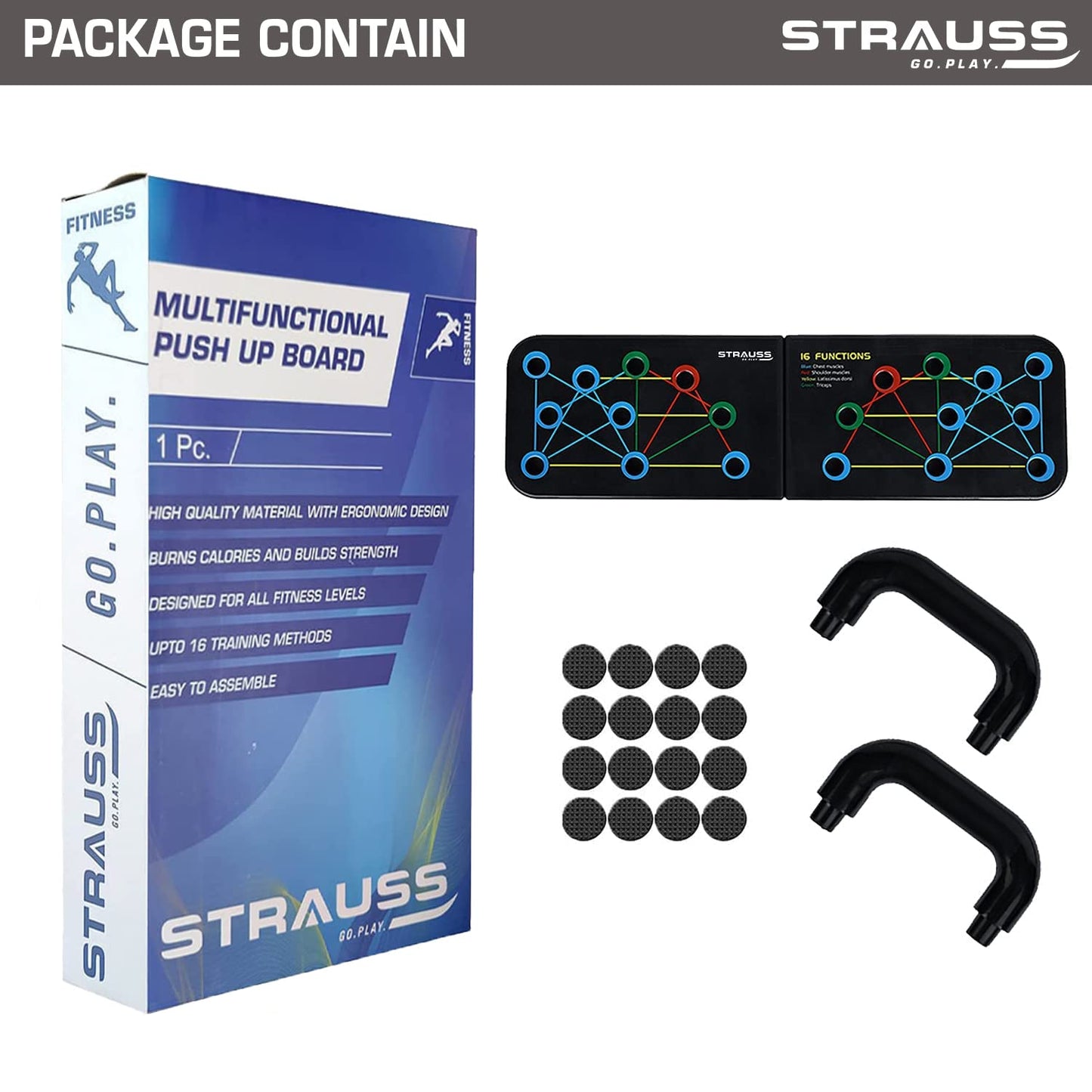 Strauss Multifunctional Portable Push Up Board 16 in 1 Body Building Exercise Tools  Durable  Foldable  Push Up Board for Men-Women