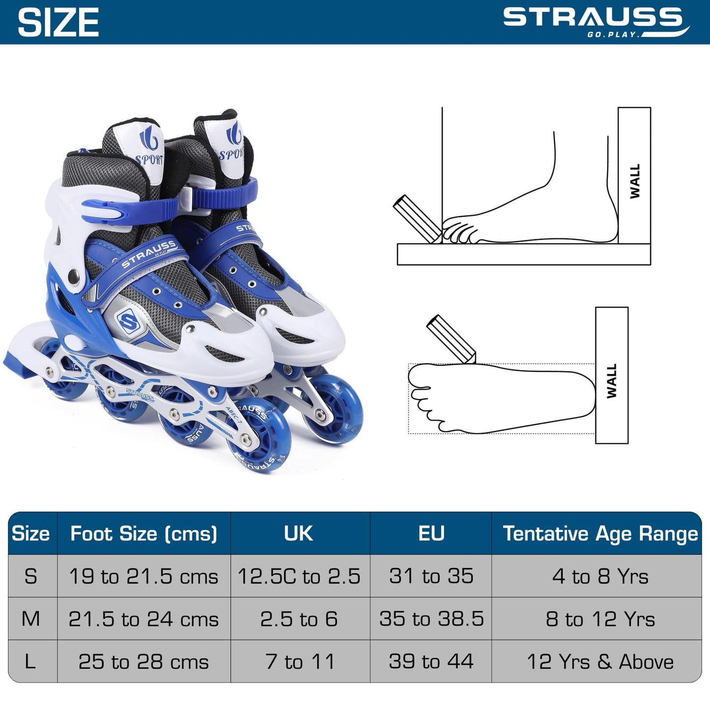 STRAUSS Vortex Adjustable Inline Skates for Boys & Girls, 4 Wheels, Beginner-Friendly, Enhanced Stability, Size M, Blue