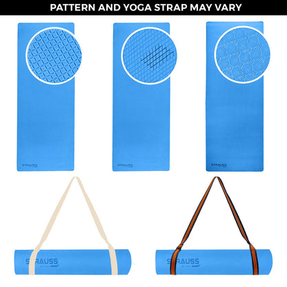 Strauss TPE Yoga Mat, 4MM, Anti-Slip, Sky Blue, with Carry Strap. Ideal for Home Workout, Gym, Yoga for Men, Women, and Kids.