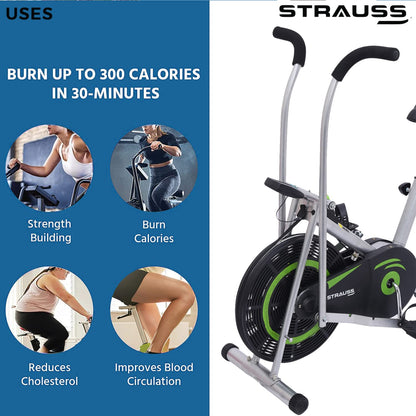 Strauss Stayfit Exercise Bike: Adjustable Resistance, Cushioned Seat, LCD Monitor, Max Weight 120Kg, Green.