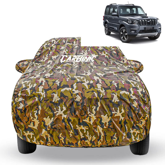 CARBINIC Car Cover for Mahindra Scorpio N 2022 Waterproof Tested and Dustproof Custom Fit UV Heat Resistant Outdoor Protection with Triple Stitched Fully Elastic Surface Jungle
