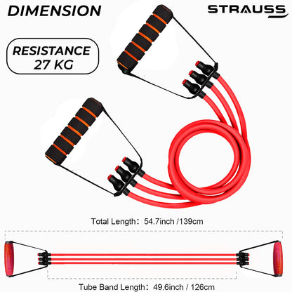 Strauss Triple Resistance Tube with Foam Handle, Door Anchor, 27 Kg, Red. Ideal for Exercise, Stretching, Strength Training, Home Gym. Includes Carry Bag.