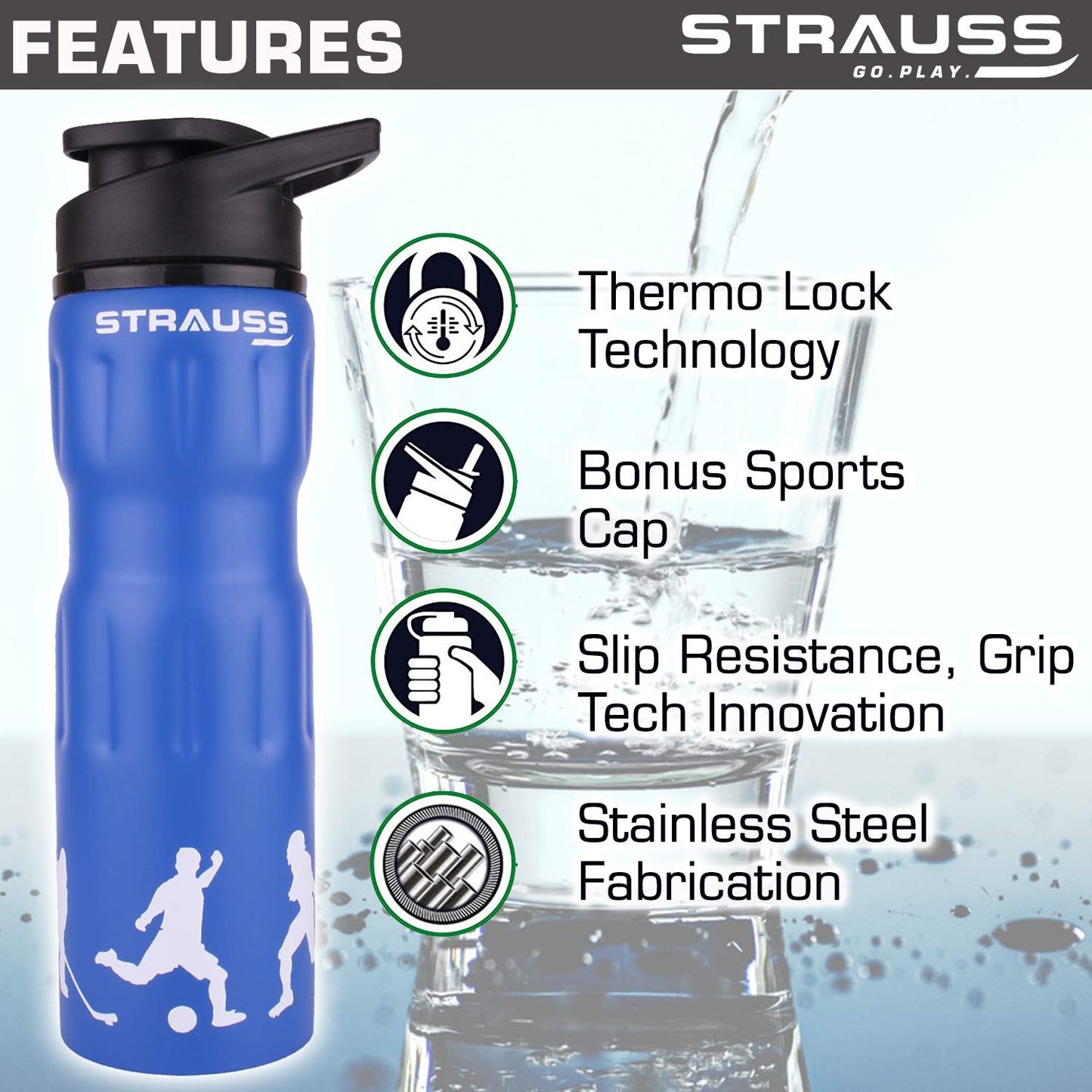 STRAUSS 750ML Stainless Steel Water Bottle, 100% Leak Proof, Eco-Friendly, BPA-Free, for Gym, Home, Hiking, Trekking, Travel, Kids, Blue