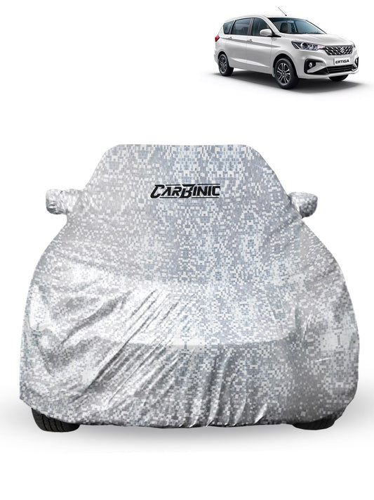 CARBINIC Car Cover for Maruti Ertiga2022 Waterproof Tested and Dustproof Custom Fit UV Heat Resistant Outdoor Protection with Triple Stitched Fully Elastic Surface  Silver with Pockets