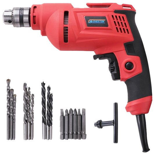 Cheston 10mm Drill Machine 750W, 2200RPM, Variable Speed, Reversible, with 6 Drill Bits (3 Wall, 3 Wood, 3 Metal)