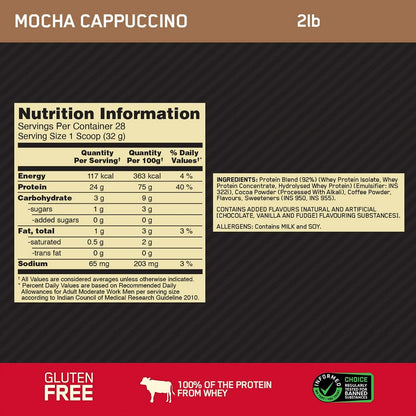 Optimum Nutrition Gold Standard Whey Protein 2 lbs Mocha Cappuccino for Muscle Support & Recovery, Vegetarian, Whey Isolate