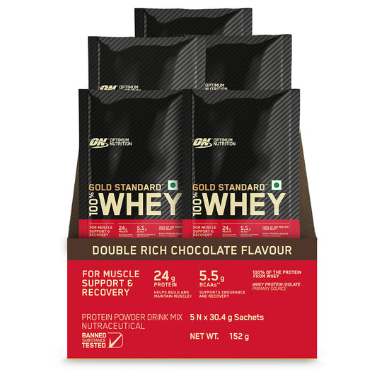 Optimum Nutrition ON Gold Standard 100 Whey Protein Powder- 5 X 30.4 g Single Serve Sachets Double Rich Chocolate for Muscle Support  Recovery Vegetarian - Primary Source Whey Isolate