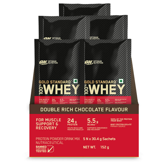 ON Gold Standard Whey Protein Powder, 5x30.4g Sachets, Double Rich Chocolate, Muscle Support & Recovery, Vegetarian, Primary Source Whey Isolate